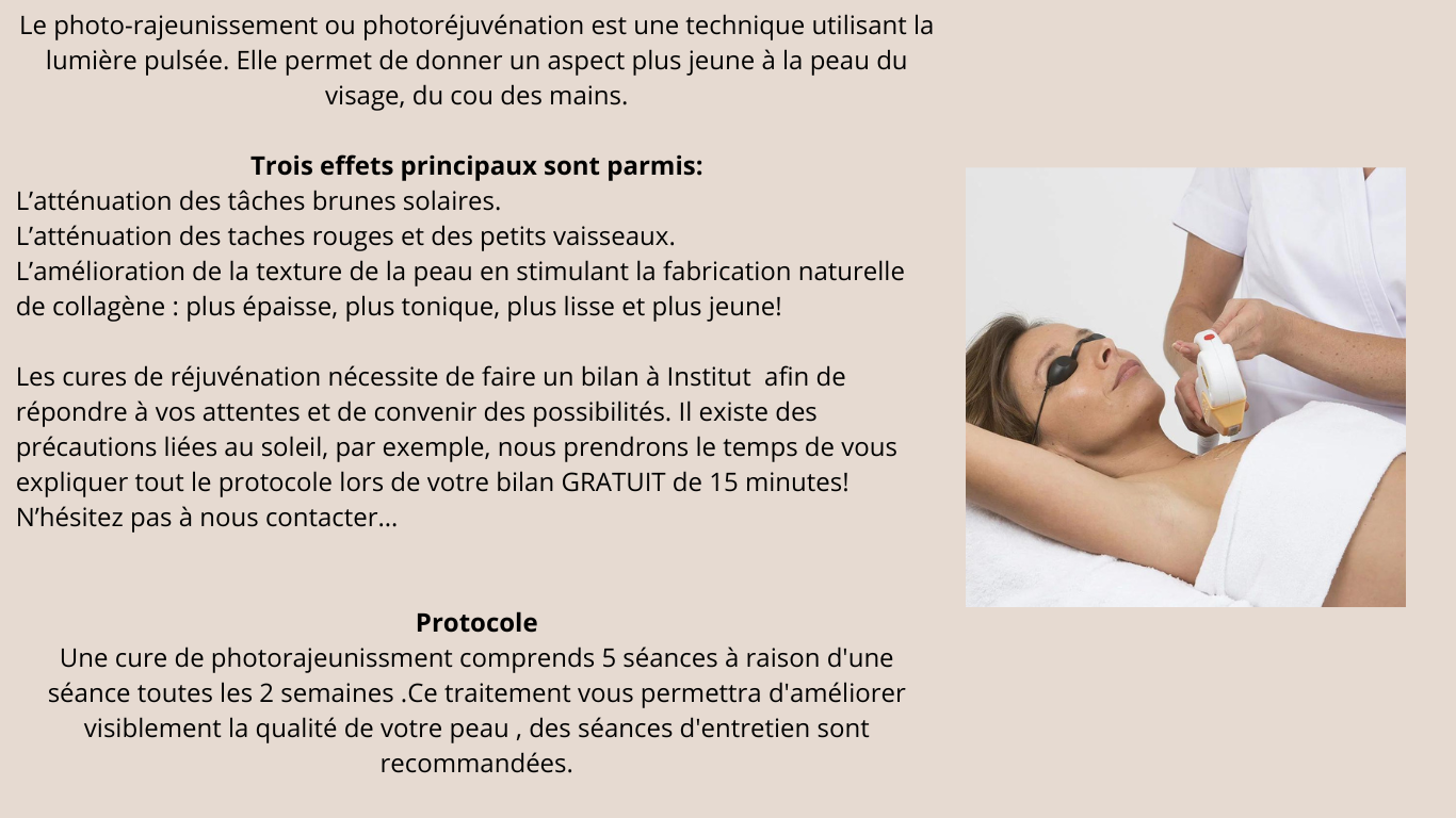 Le photo rajeunissement ou photorejuvenation est une technique utilisant la lumiere pulsee elle permet de donner un aspect plus jeune a la peau du visage du cou des mains trois eff